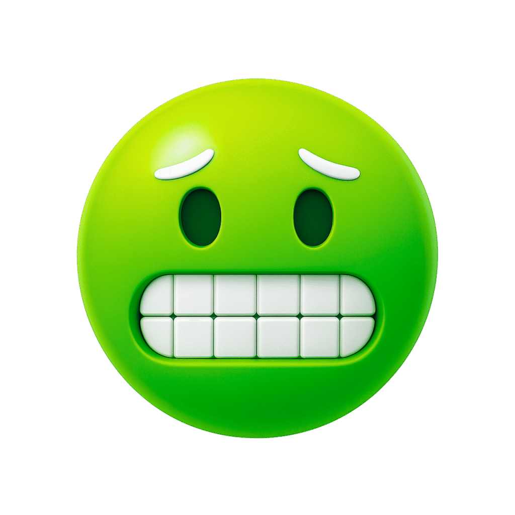 3D green cringe emoji with clenched teeth and arched eyebrows, showing an anxious and uncomfortable expression.