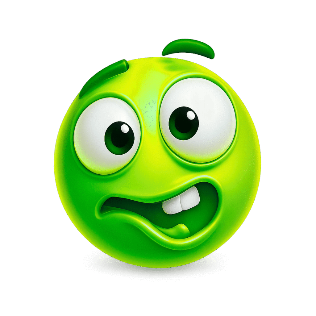 3D green goofy ahh emoji with big bug eyes and awkward tilted smile &ndash; transparent PNG ideal for funny memes and reaction content.