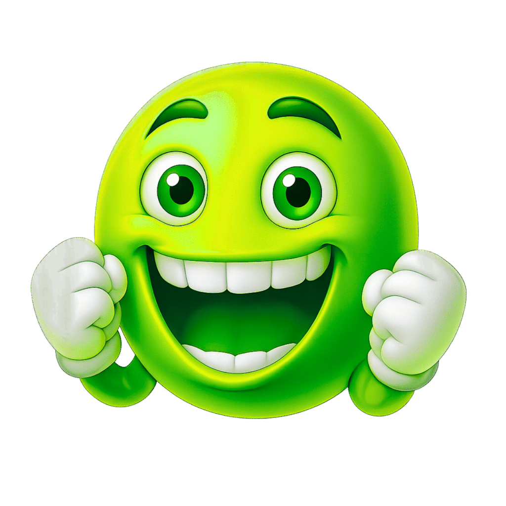 3D Green Happy Emoji with Raised Fists and Big Smile &ndash; Transparent PNG Emoticon