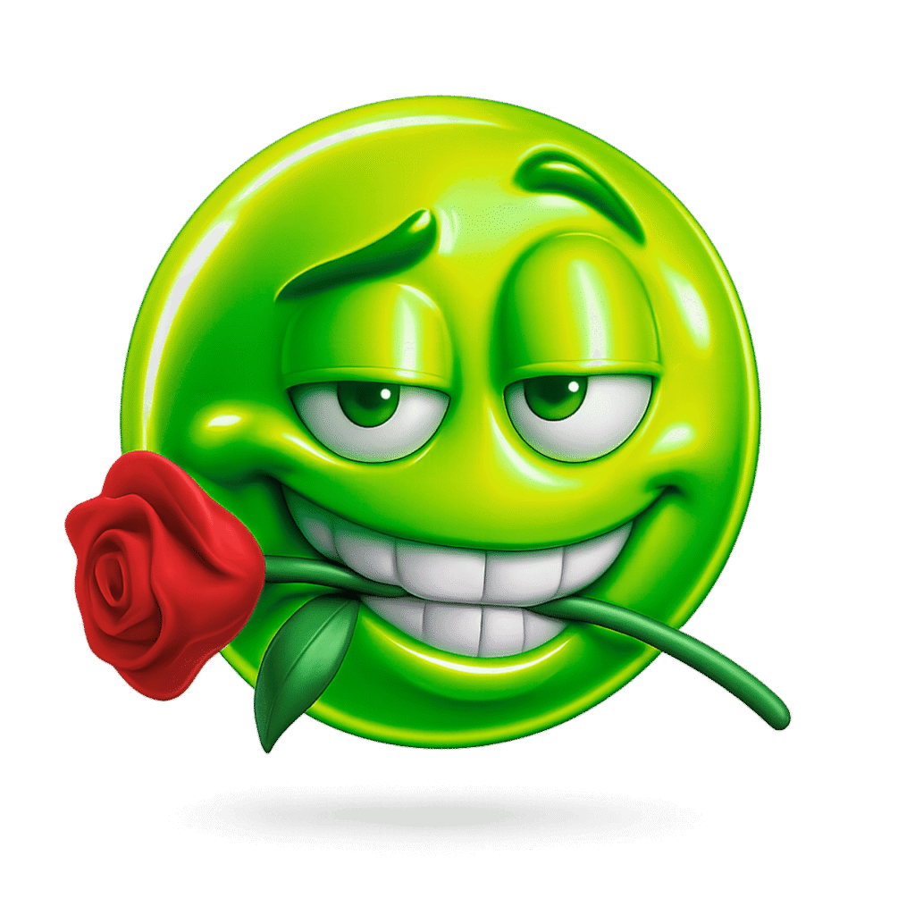 Green rizz emoji with seductive eyes and a red rose in mouth &ndash; stylish 3D flirty face
