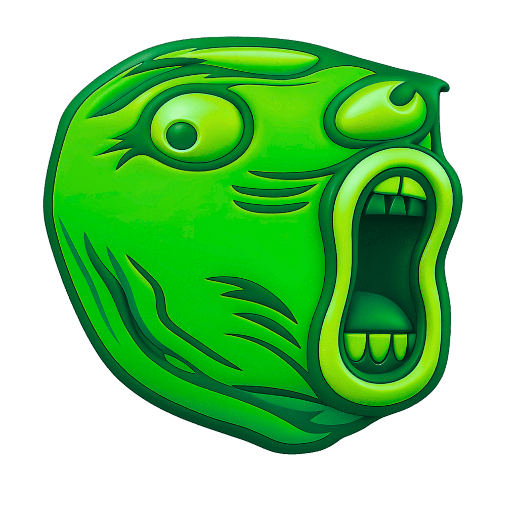 Green Troll Meme Face Screaming &ndash; Funny Reaction Emoji PNG with Transparent Background