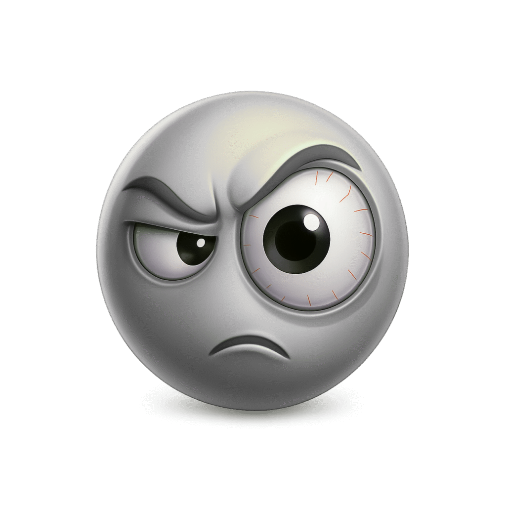 3D Grey Suspicious Emoji with Enlarged Eyeball and Angry Facial Expression &ndash; Transparent Background ClipArt PNG