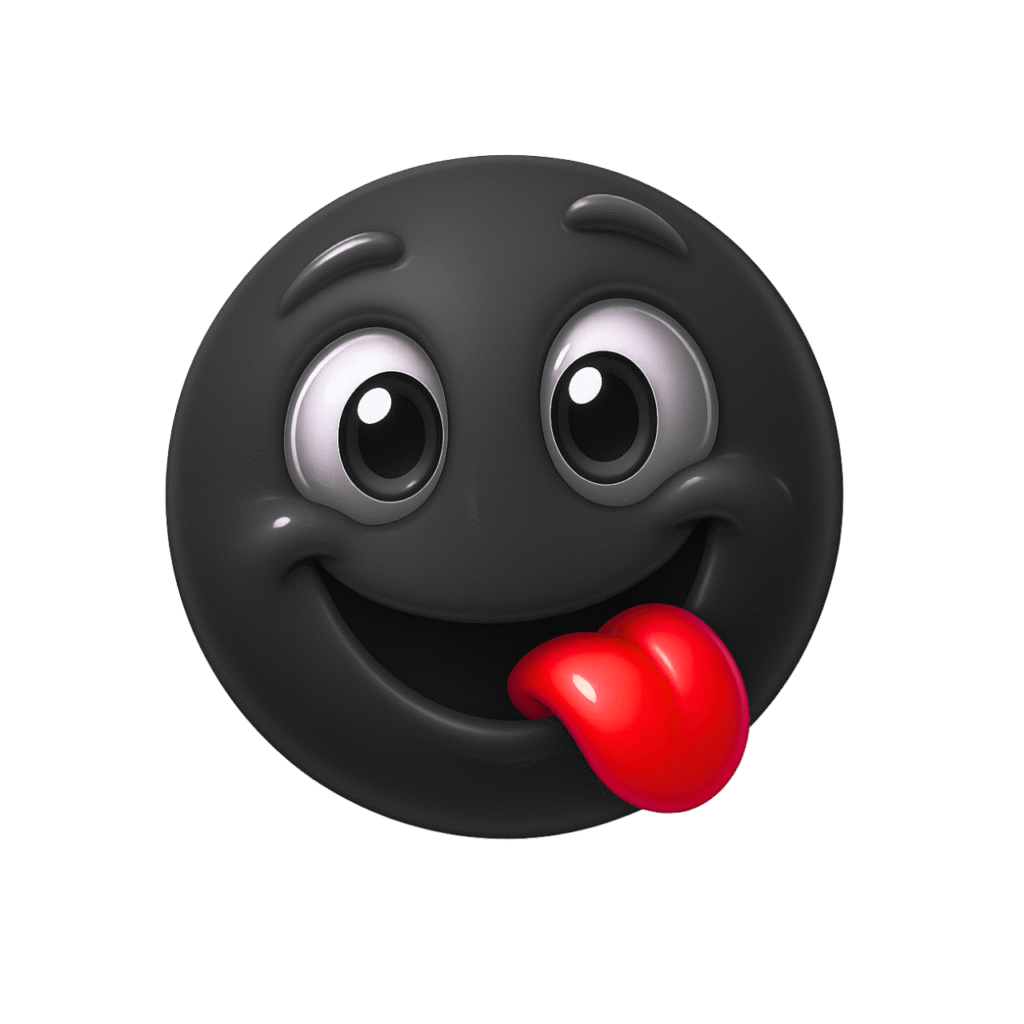 3D Black Yum Emoji with Red Tongue on Transparent Background &ndash; Cute & Playful Face