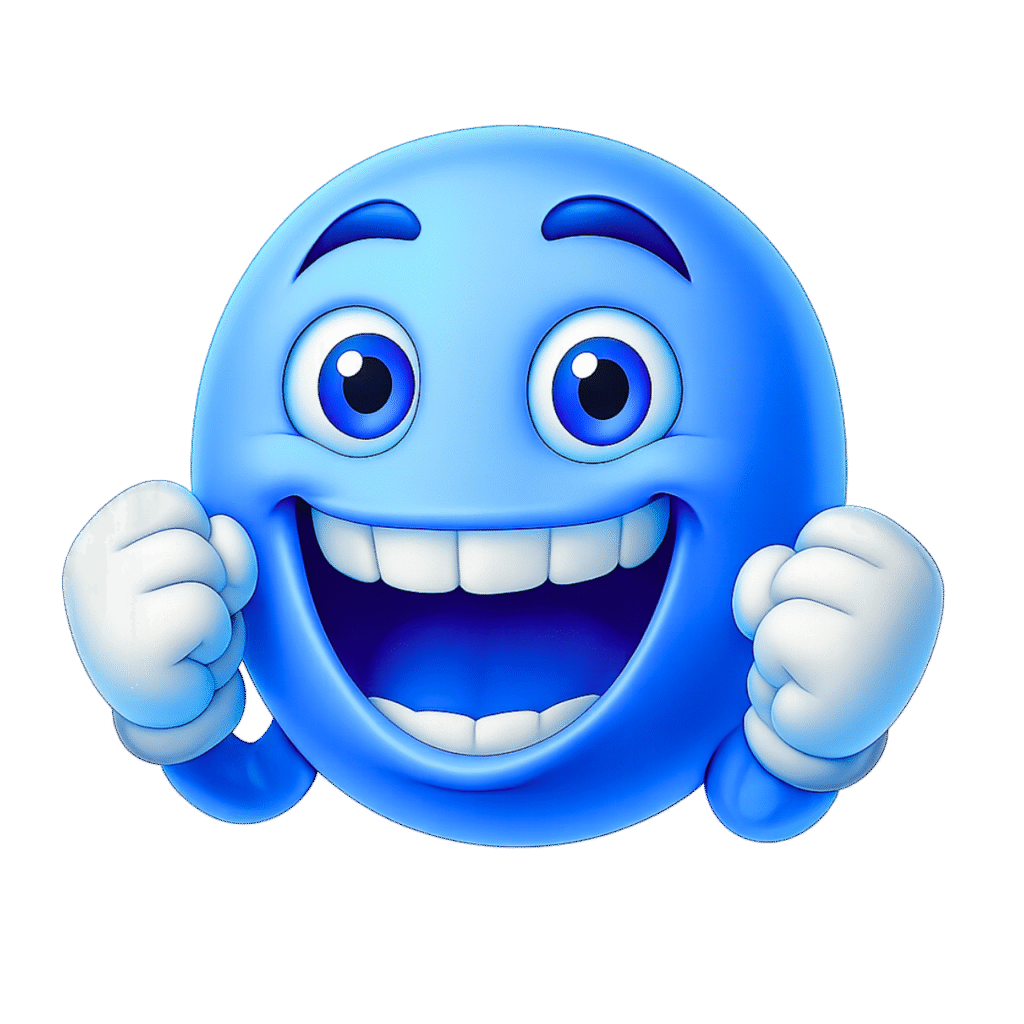 Vibrant Blue 3D Happy Emoji with Cheering Fists and Big Smile - Transparent Background PNG