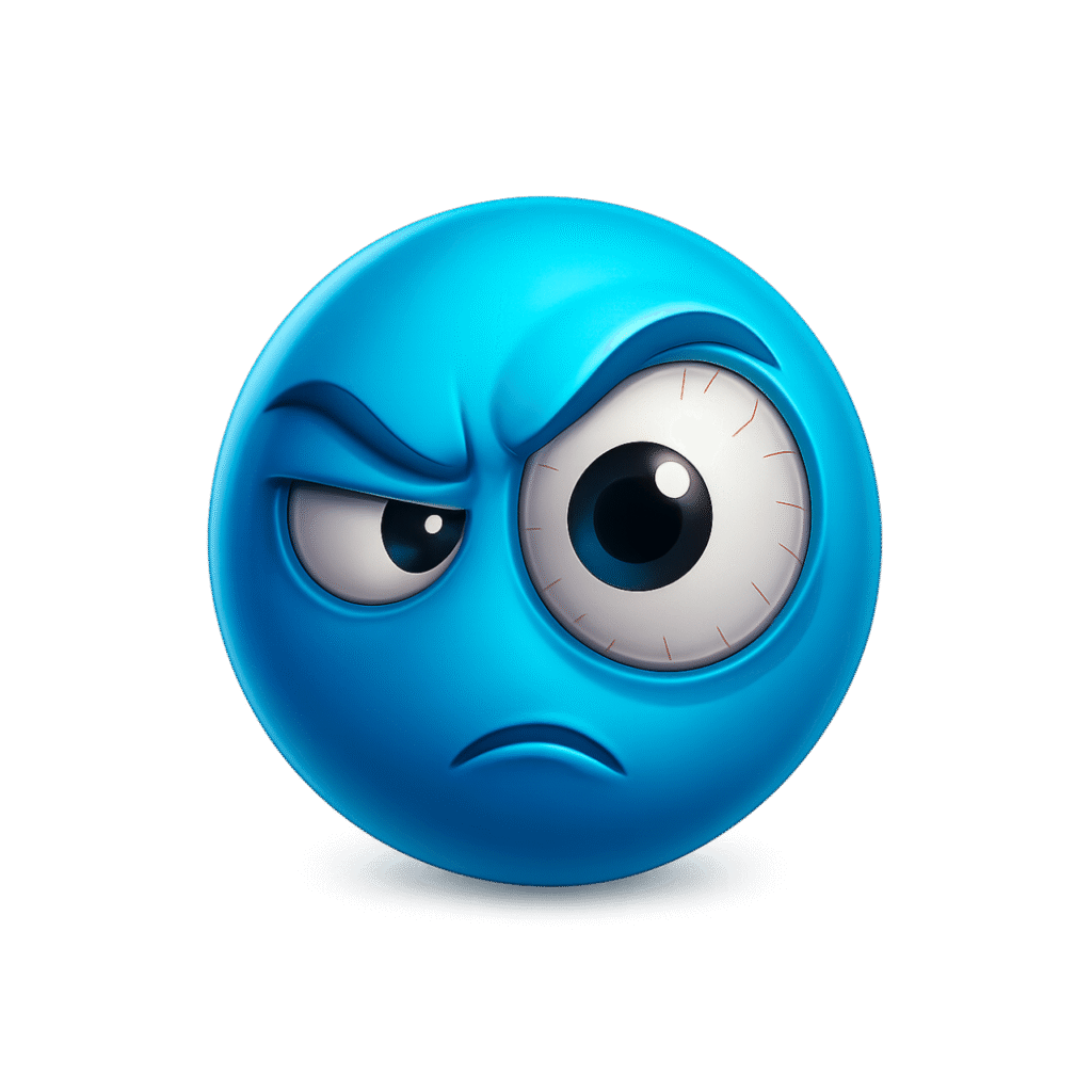 3D Blue Suspicious Emoji with Enlarged Eye and Angry Facial Expression &ndash; Transparent Background High-Resolution PNG