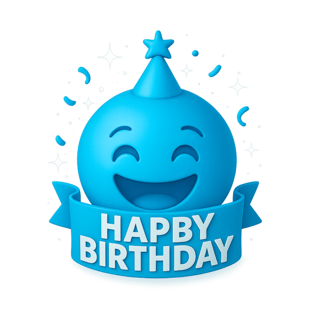Smiling blue 3D birthday emoji with party hat, ribbon reading "Happy Birthday", surrounded by sparkles and confetti