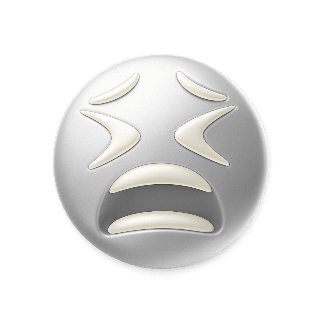 Moan emoji with exaggerated sad expression on 3D silver face &ndash; Apple-style keyboard emoji.