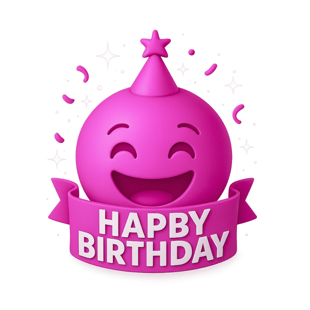 Pink 3D happy birthday emoji with smiling face, party hat, and festive confetti on a birthday banner