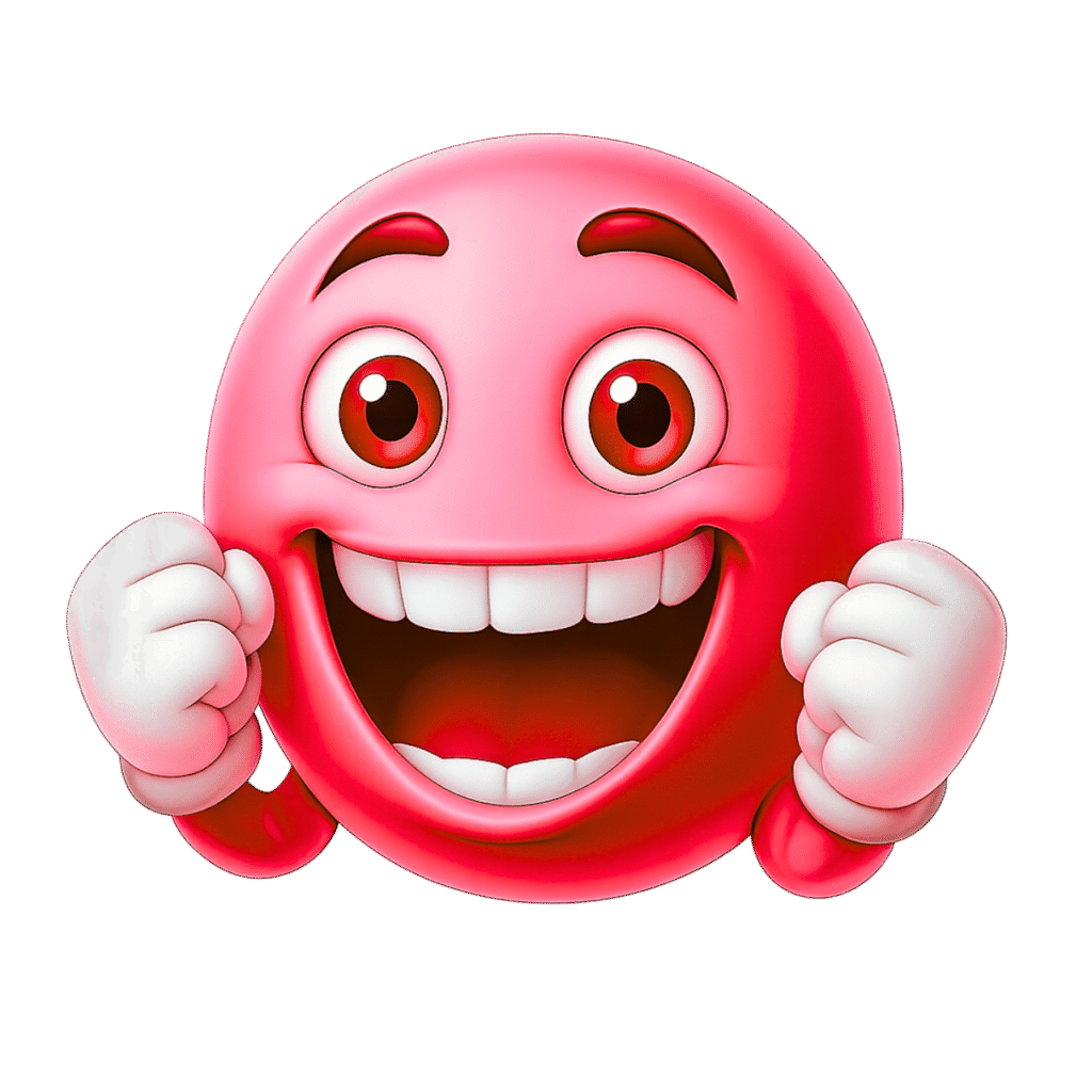 3D Pink Happy Emoji with Excited Smile and Raised Fists &ndash; Transparent Background PNG