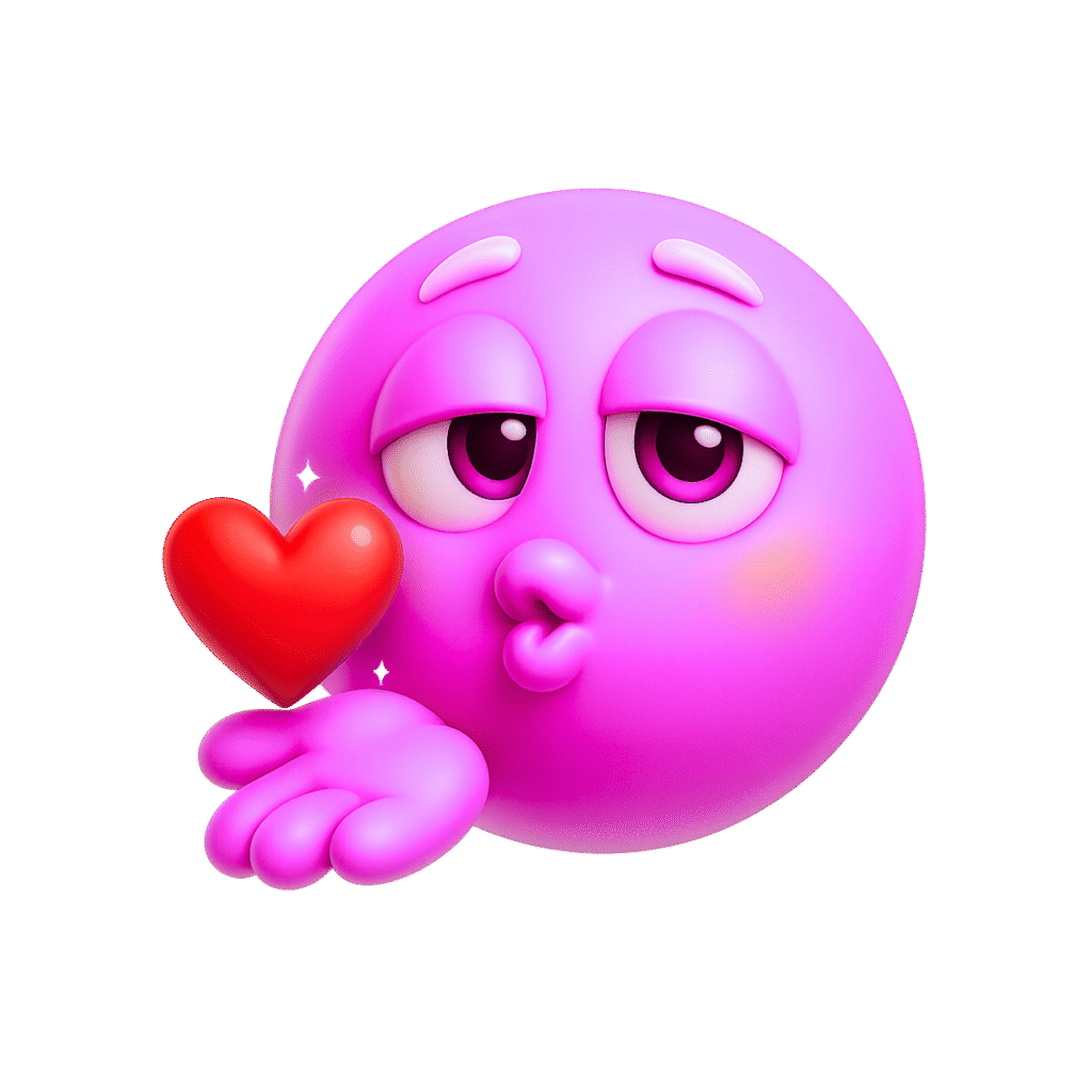 3D pink emoji blowing kiss with red heart and dreamy eyes on transparent background