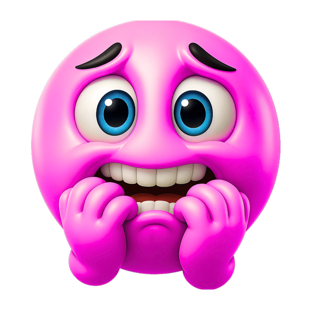 Pink emoji with nervous expression, wide blue eyes, clenched hands on face &ndash; high-res transparent PNG