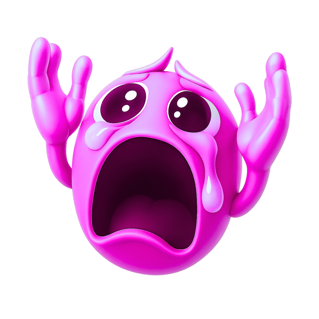 3D pink emoji crying loudly with wide open mouth, big teary eyes, and raised hands expressing &ldquo;Nooo!&rdquo; on transparent background