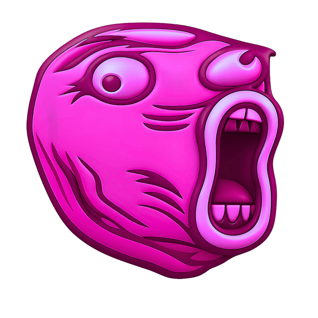 Pink Troll Meme Screaming Face &ndash; Comic Reaction PNG Emoji with Transparent Background