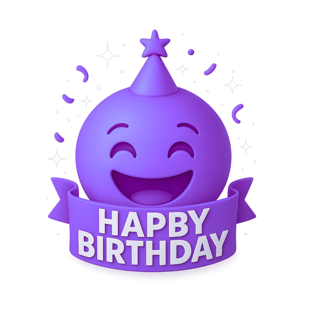 Purple 3D emoji with a smiling face wearing a party hat, surrounded by confetti and sparkles, and a Happy Birthday ribbon