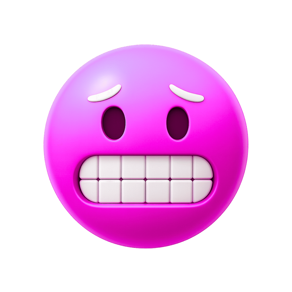 3D purple cringe emoji with clenched white teeth, raised eyebrows, and awkward expression showing discomfort or nervousness.