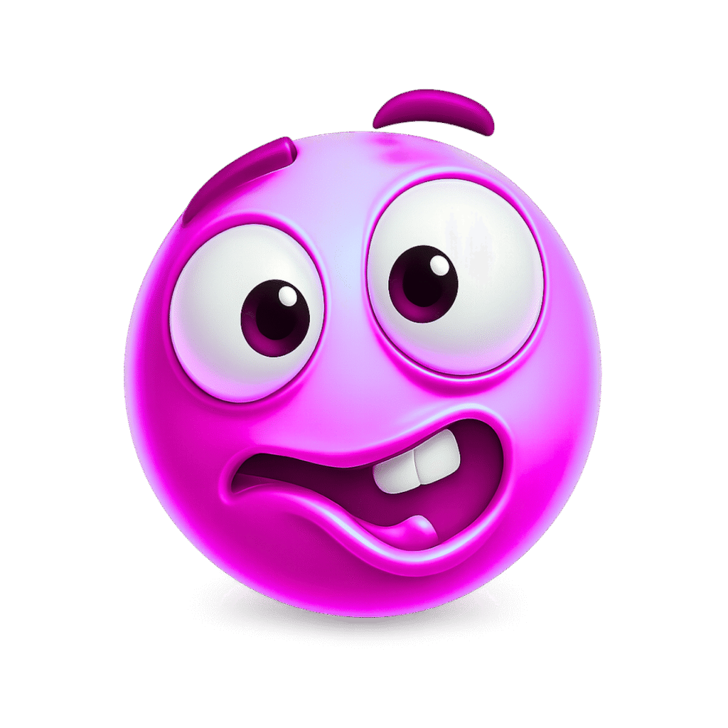 Purple 3D goofy ahh emoji with bulging cartoon eyes and awkward twisted mouth &ndash; transparent PNG for viral memes and social reactions.