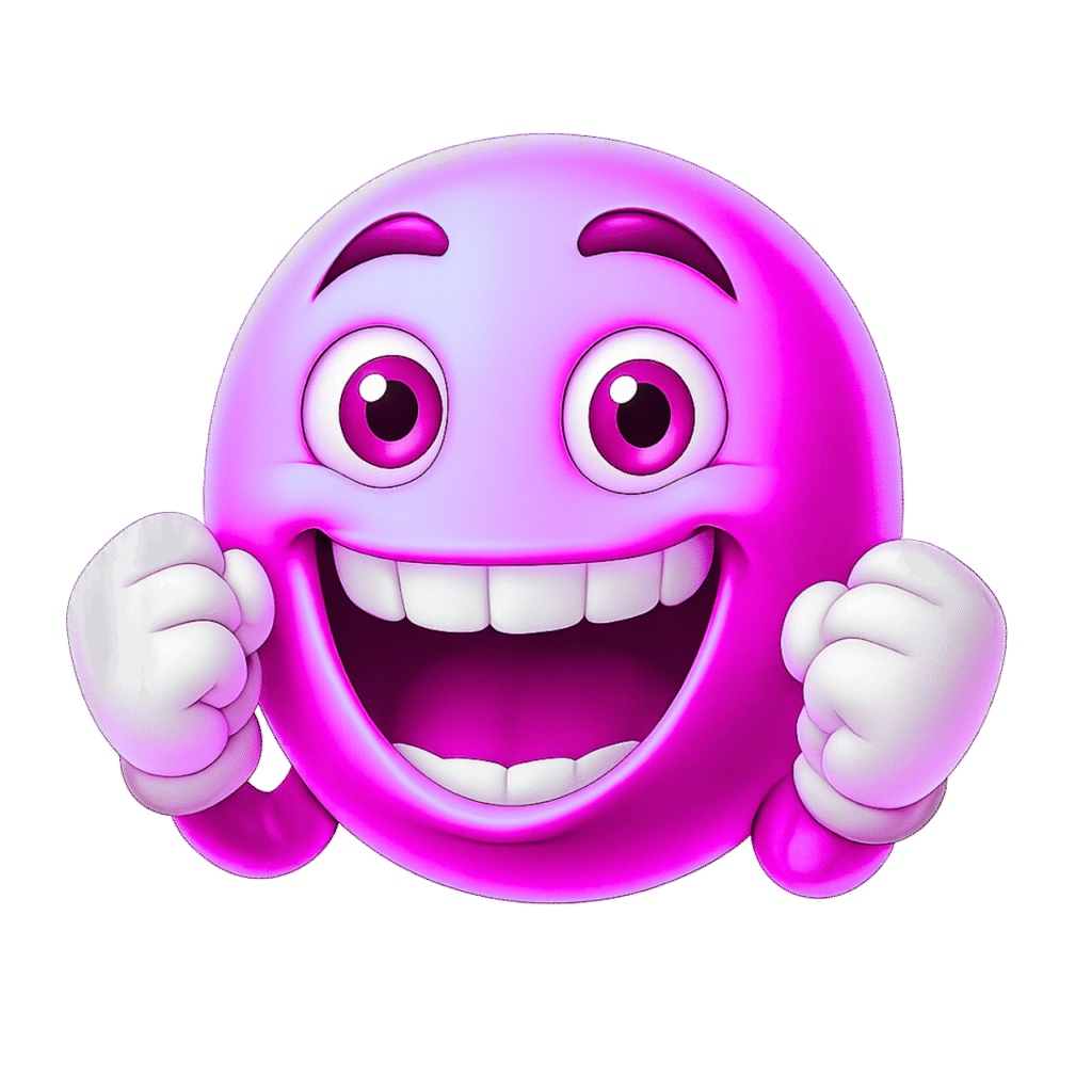 Purple 3D Cheering Emoji with Big Smile, Raised Fists, and Bright Eyes &ndash; Transparent PNG