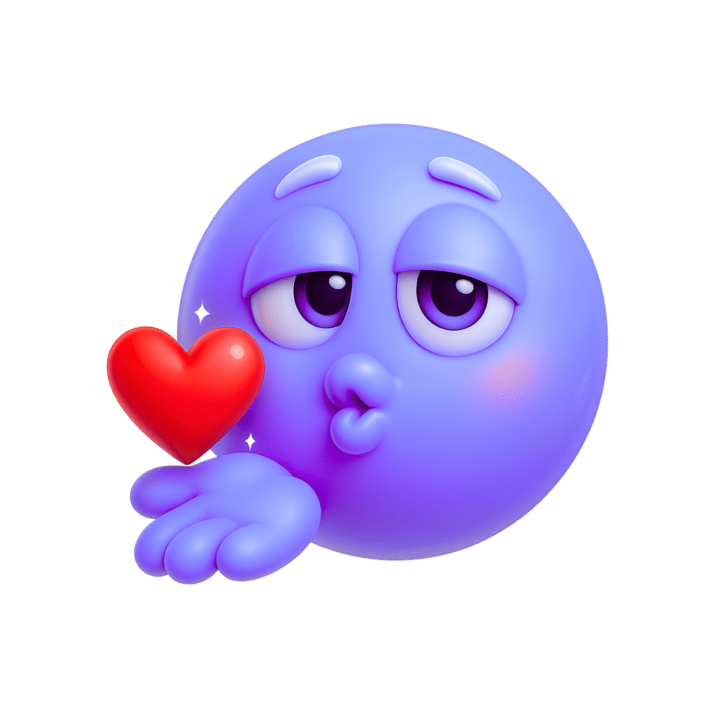 3D purple emoji blowing kiss with dreamy eyes and red heart on transparent background