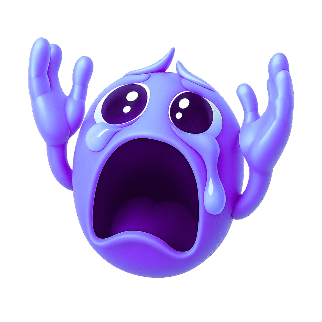 Purple 3D emoji with raised arms, teary eyes, and open mouth screaming &ldquo;Nooo!&rdquo; in panic on transparent background