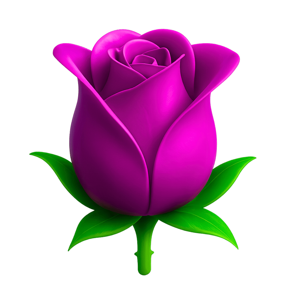 3D purple rose emoji with green leaves &ndash; romantic PNG flower illustration on transparent background