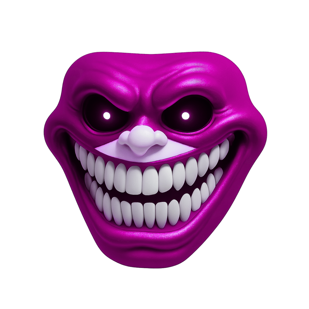 Creepy purple troll face emoji with glowing eyes and sharp white teeth on a transparent background