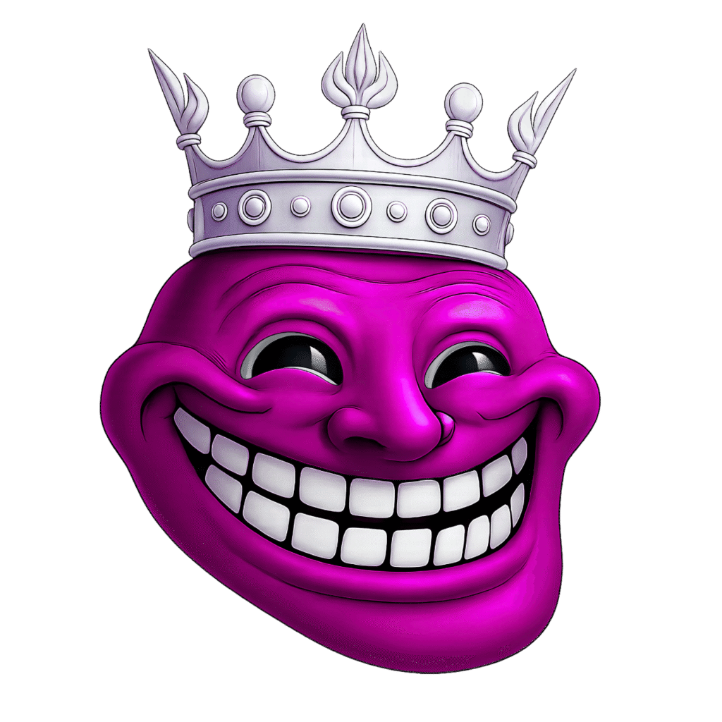 Bright purple troll face emoji with a white king&rsquo;s crown, PNG image with transparent background for memes and edits.