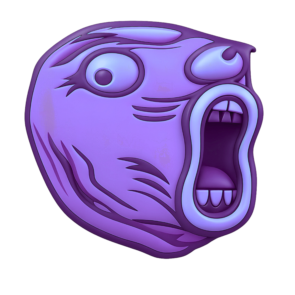 Purple Troll Meme Face &ndash; Screaming Comic Reaction Emoji PNG with Transparent Background
