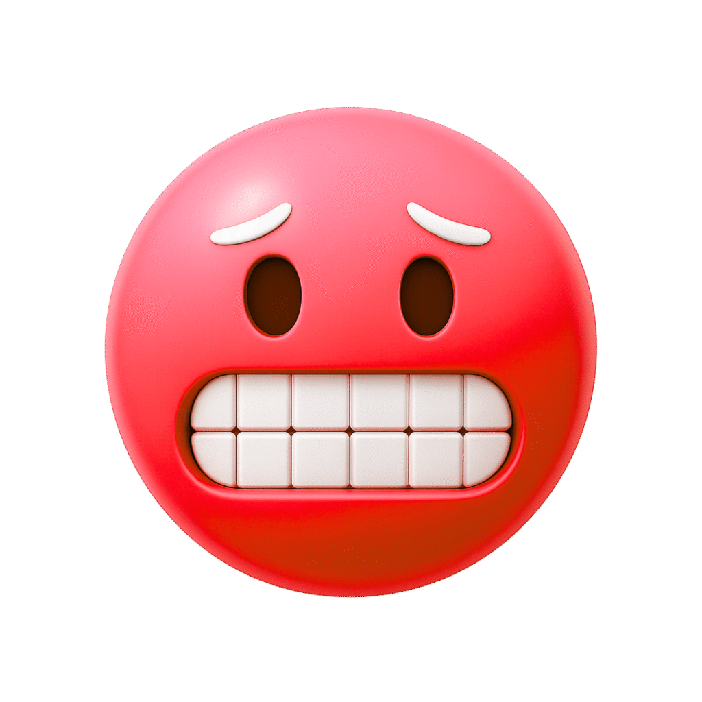 3D red cringe emoji with raised white eyebrows, clenched white teeth, and a nervous, awkward expression.