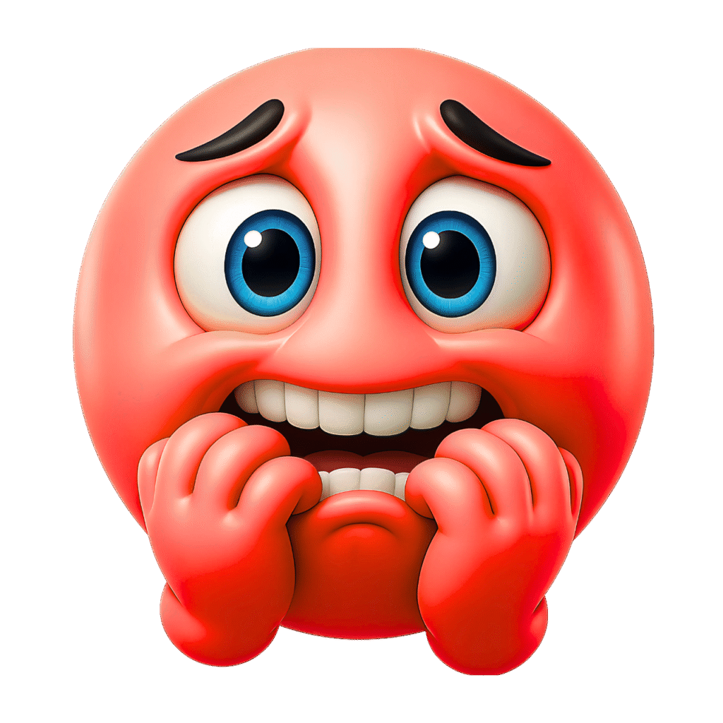 Red emoji with anxious expression, wide blue eyes, and clenched hands &ndash; transparent background PNG