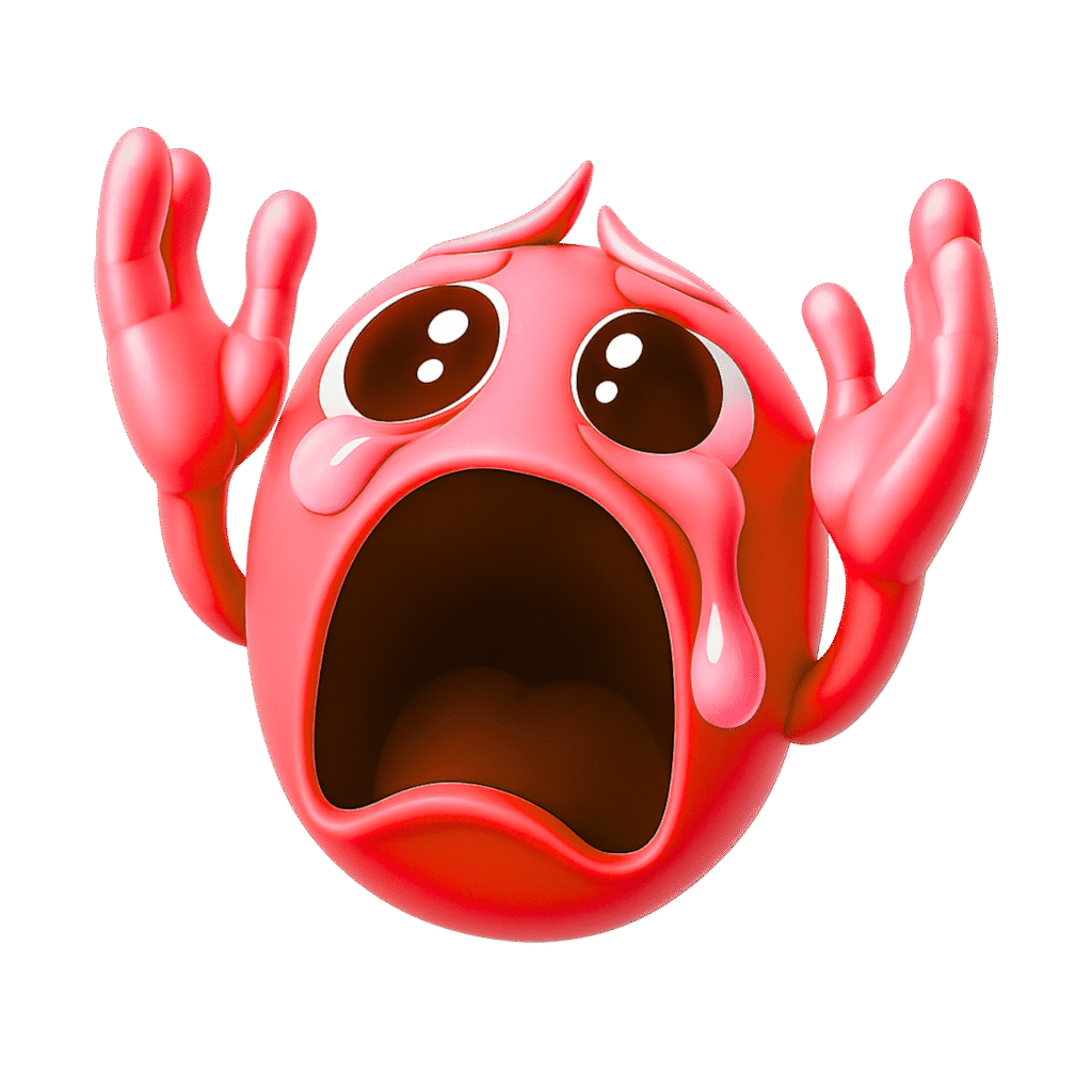 3D red emoji crying and screaming "Nooo!" with large teary eyes, raised hands, and open mouth expression on transparent background