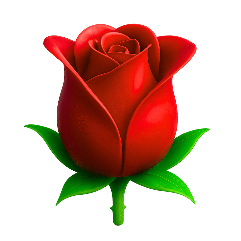 3D red rose emoji with green leaves &ndash; love and romance flower PNG with transparent background