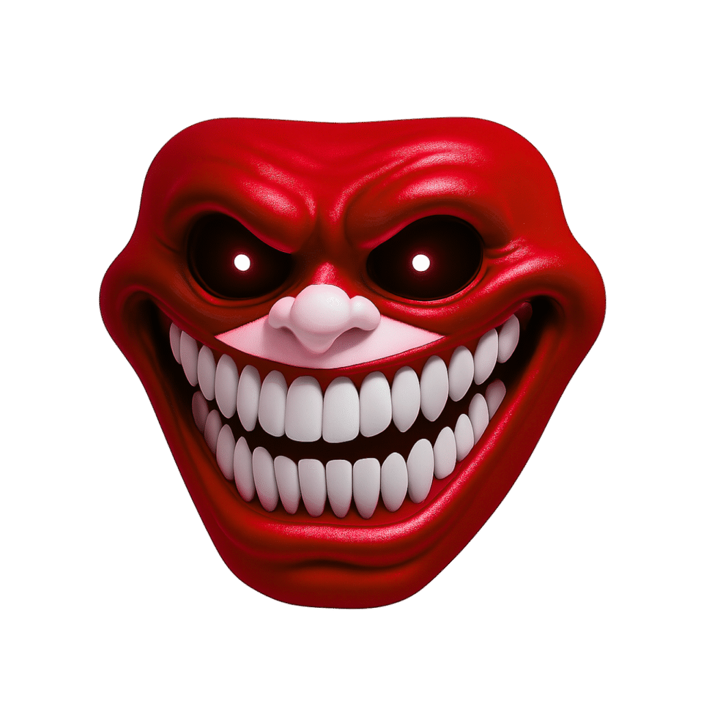 Terrifying red 3D troll face emoji with glowing eyes and creepy white teeth on transparent background