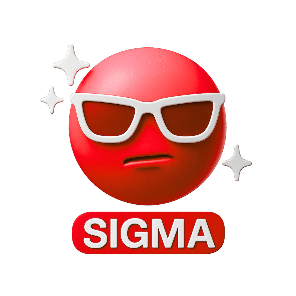 Red Sigma emoji with 3D design, white sunglasses, bold attitude expression, and sparkle elements on transparent background.