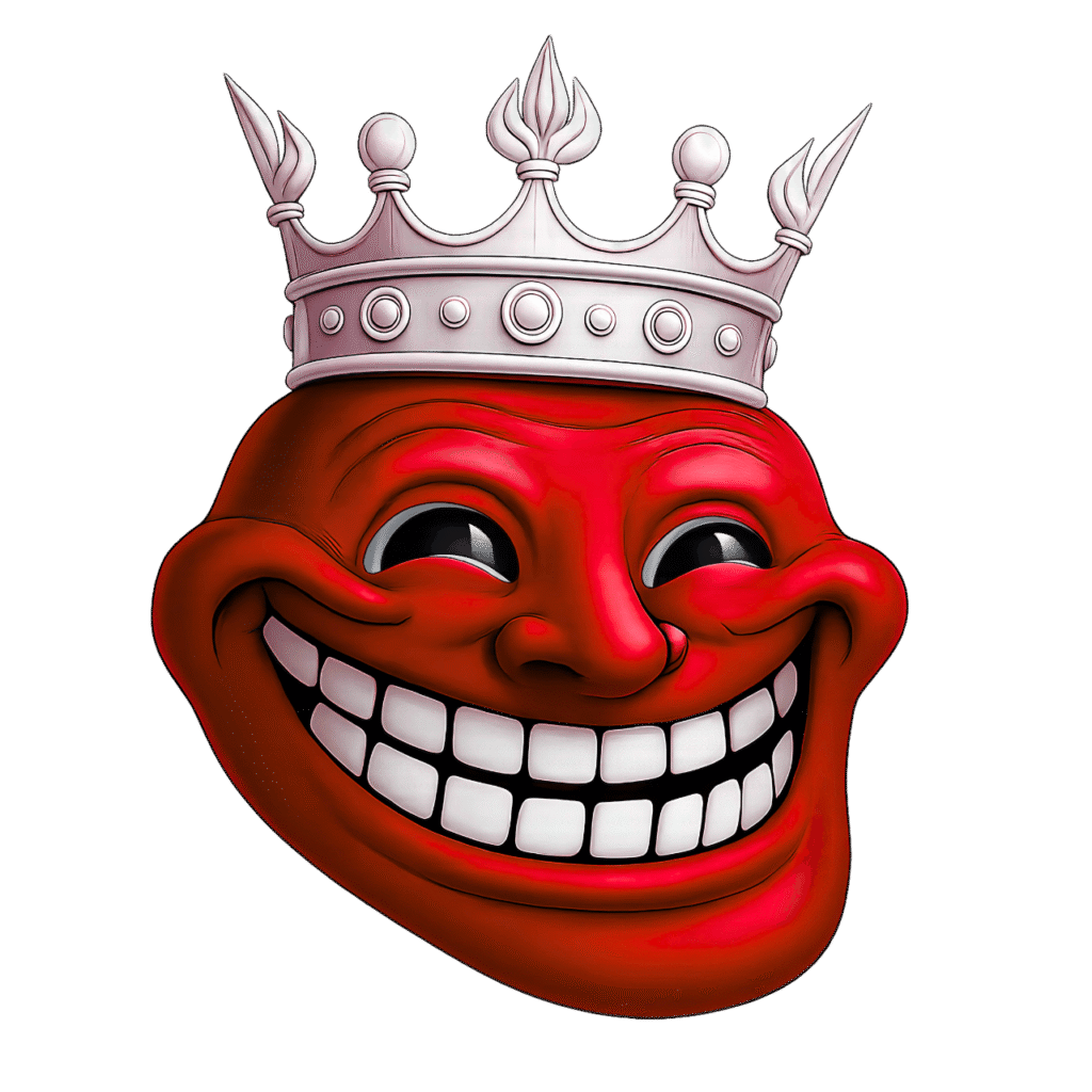 Bold red troll face meme wearing a royal white crown, isolated on a transparent background in PNG format