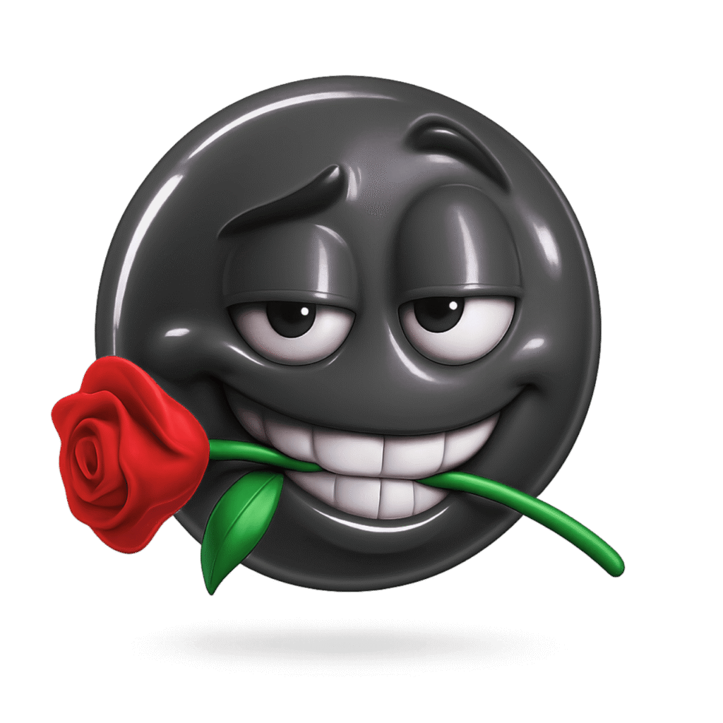 Cool black emoji with flirty eyes holding a red rose in mouth &mdash; 3D rizz emoji expression