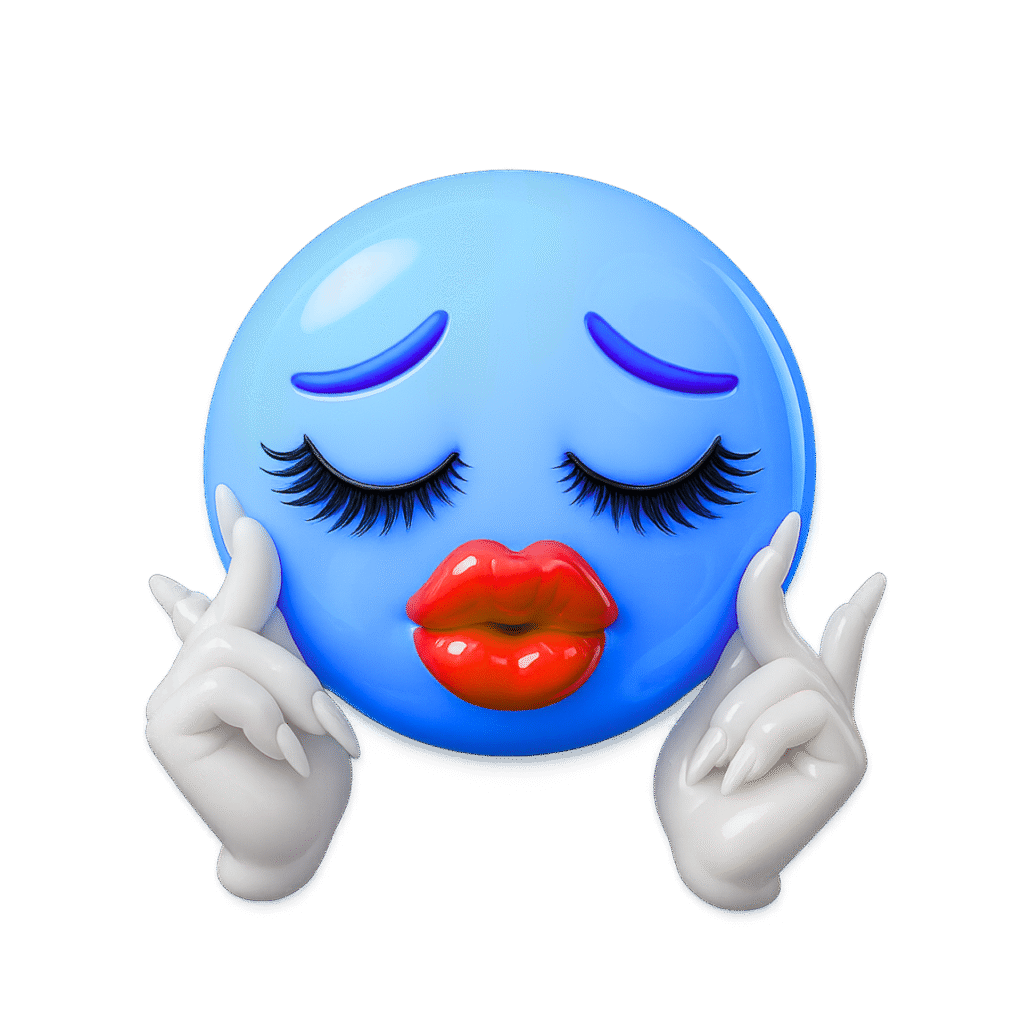 3D sassy blue emoji with puckered lips, closed eyes, long eyelashes, and white acrylic-nailed hands in a sassy pose on transparent background
