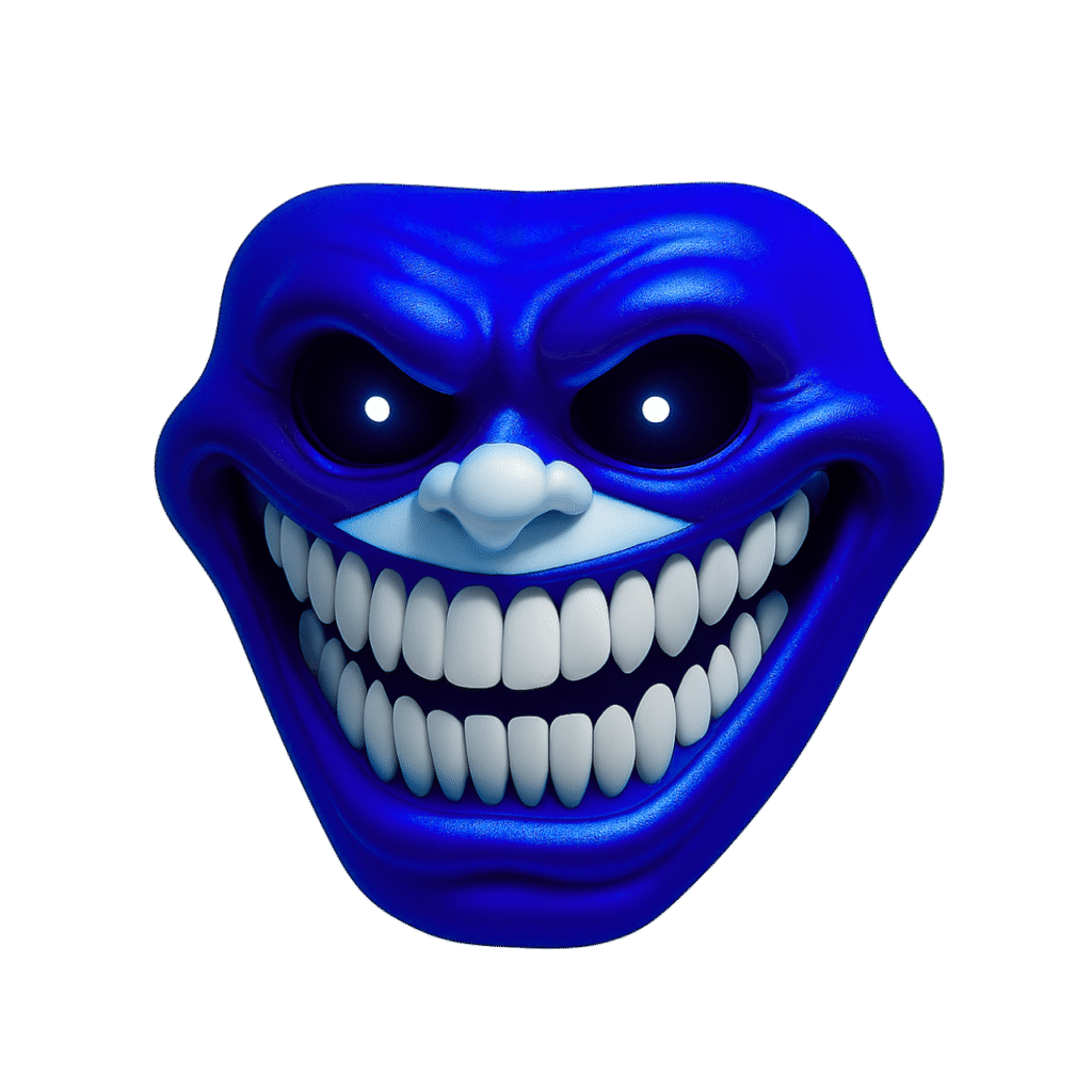 Terrifying 3D troll face emoji with blue skin, glowing white eyes and sharp white teeth on transparent background