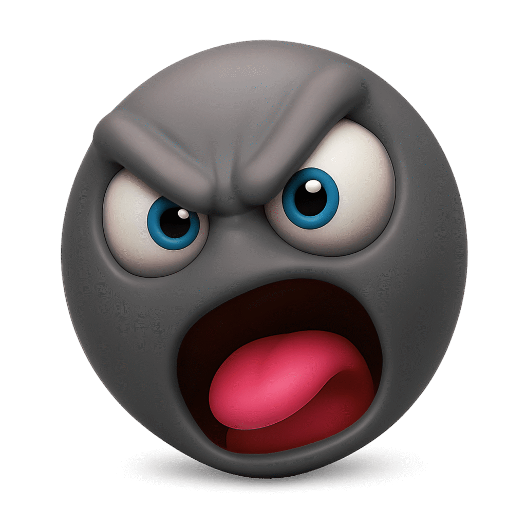 3D shouting angry black emoji with wide mouth, raised brows, intense blue eyes, and red tongue on transparent background &ndash; ideal for expressing digital rage, fury, or loud outbursts.