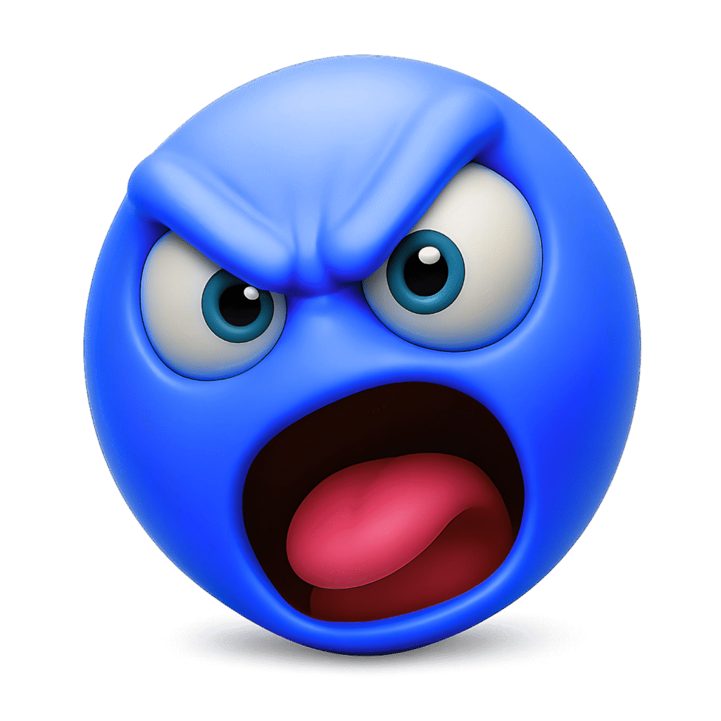 3D shouting angry blue emoji face with wide open mouth, raised eyebrows, expressive eyes, and red tongue on transparent background &ndash; perfect for expressing rage, frustration, or yelling emotions in digital content