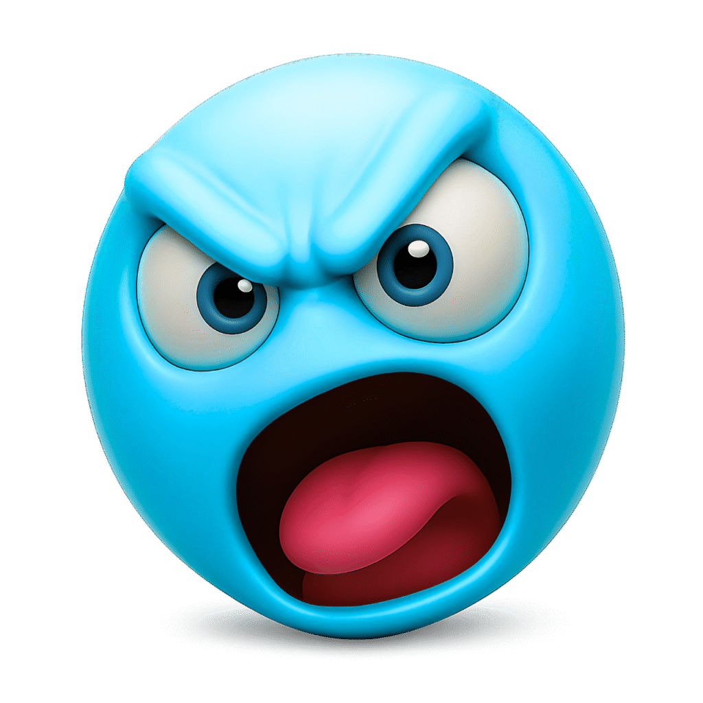 3D shouting blue emoji with furrowed brows, wide open mouth, pink tongue, and intense blue eyes &ndash; shows a furious expression on a transparent background for digital media use.