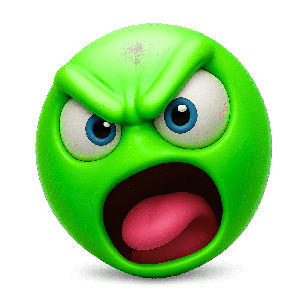 3D angry green emoji shouting with wide open mouth, expressive blue eyes, furrowed brows, and red tongue on a transparent background &ndash; ideal for intense digital reactions or emotional graphics.