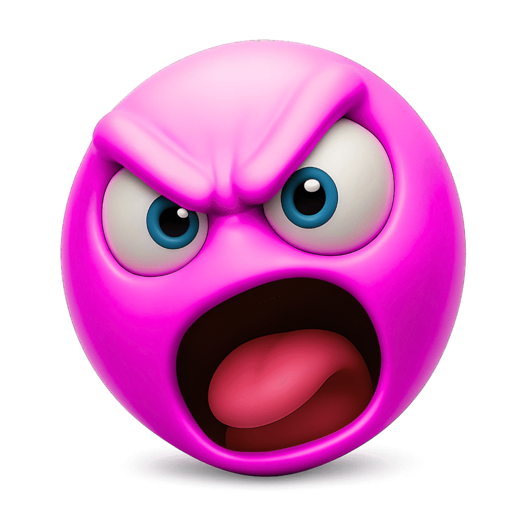 3D angry pink emoji with furrowed brows, wide open screaming mouth, blue eyes, and a transparent background &ndash; emotional reaction ClipArt illustration.