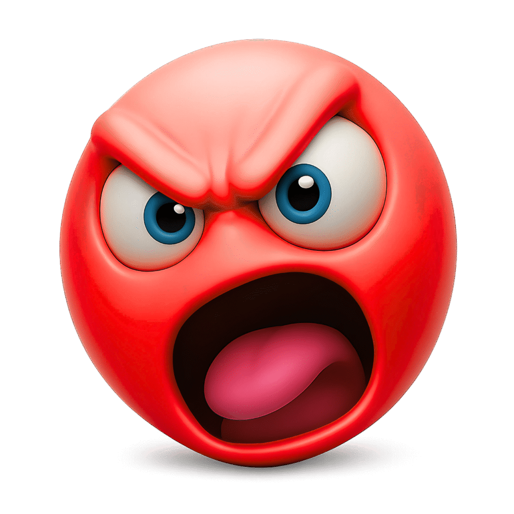 3D angry red emoji face with blue eyes, furrowed eyebrows, wide open mouth, and visible red tongue &ndash; perfect for expressing rage or yelling emotions in digital design on a transparent background.
