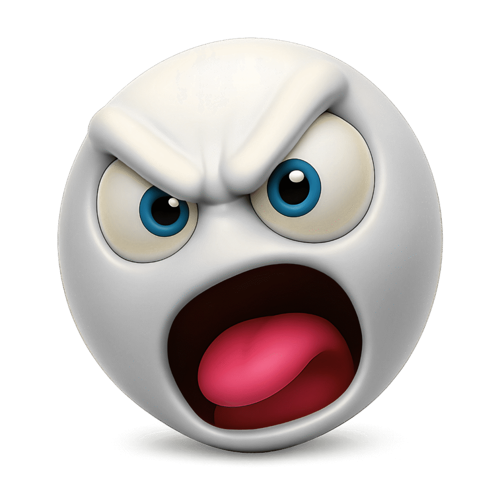 3D shouting angry white emoji face with intense blue eyes, raised eyebrows, wide open red mouth, and expressive rage on a transparent background &ndash; perfect for digital reactions and emotional designs