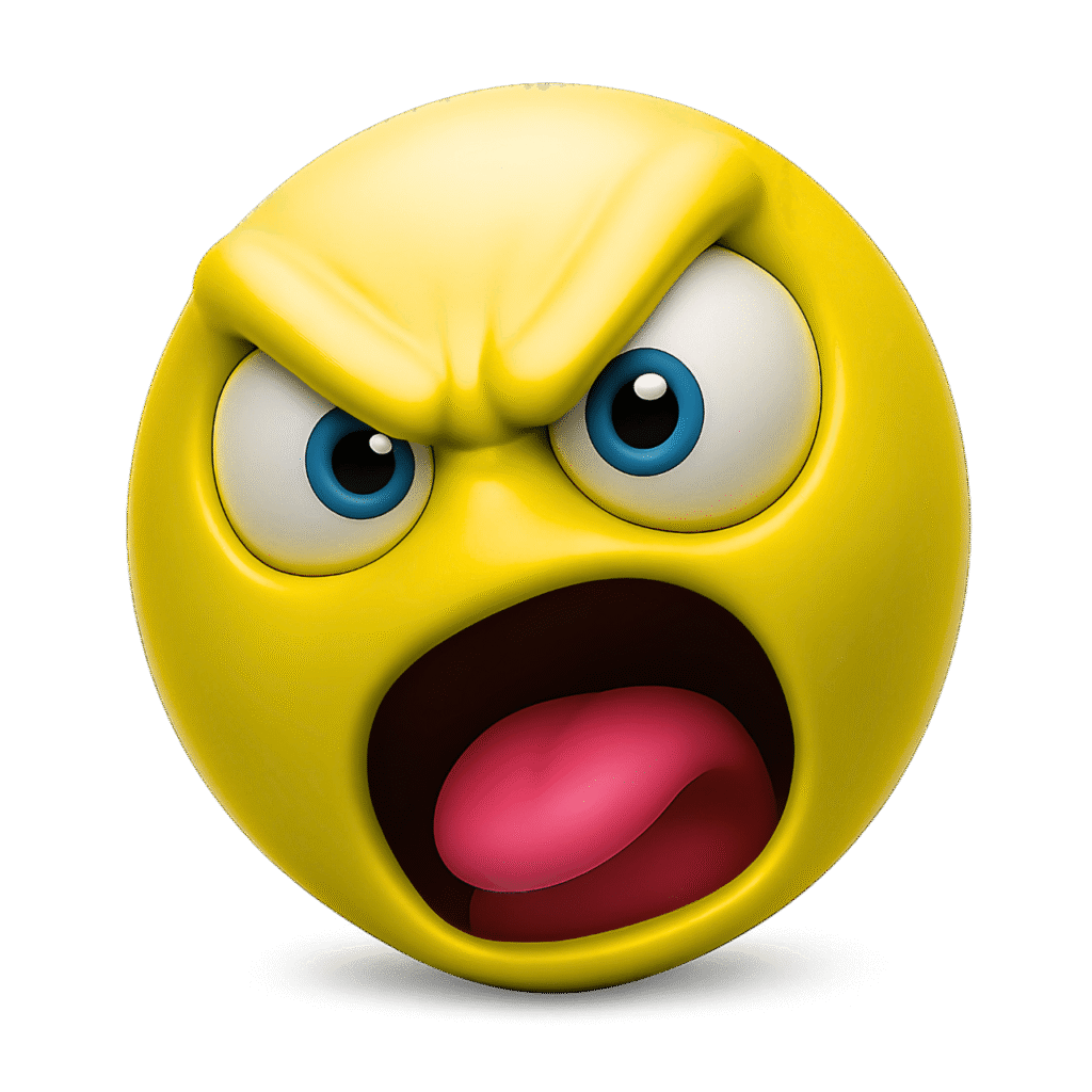 3D shouting angry yellow emoji with wide open mouth, blue eyes, furrowed brows, and red tongue &ndash; transparent background for digital expressions of rage, yelling, or emotional outbursts.