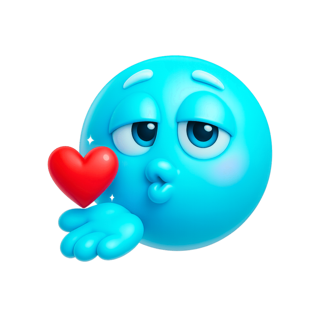 3D sky-blue emoji with kissy face blowing a red heart, cartoon eyes and hand, on transparent background