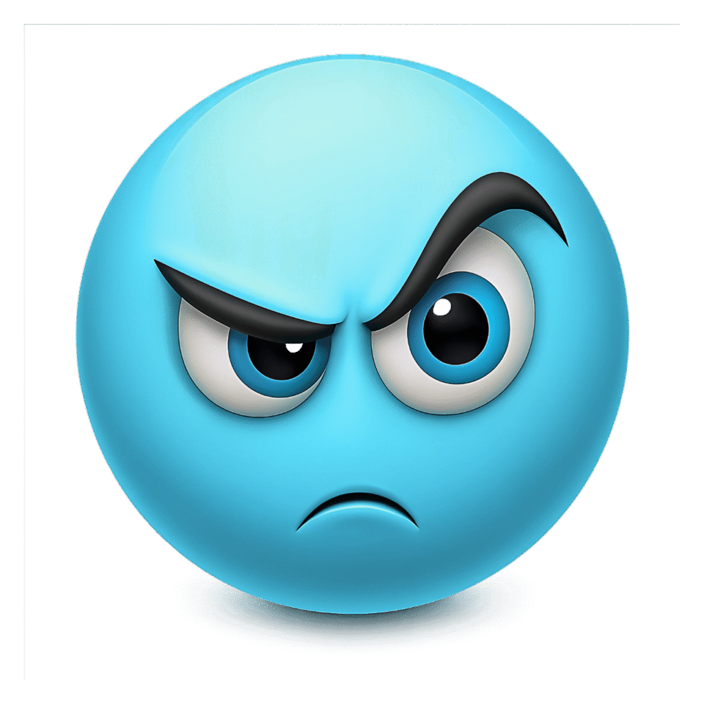 3D Suspicious Blue Emoji Face with Angry Eyebrows and Frown &ndash; Transparent PNG ClipArt