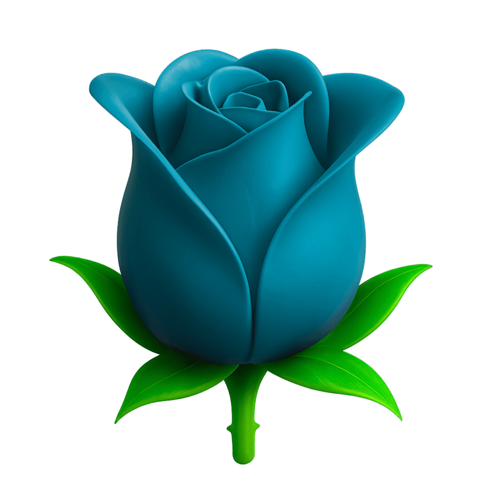 Teal blue rose emoji with green stem and leaves &ndash; elegant floral PNG clipart on transparent background