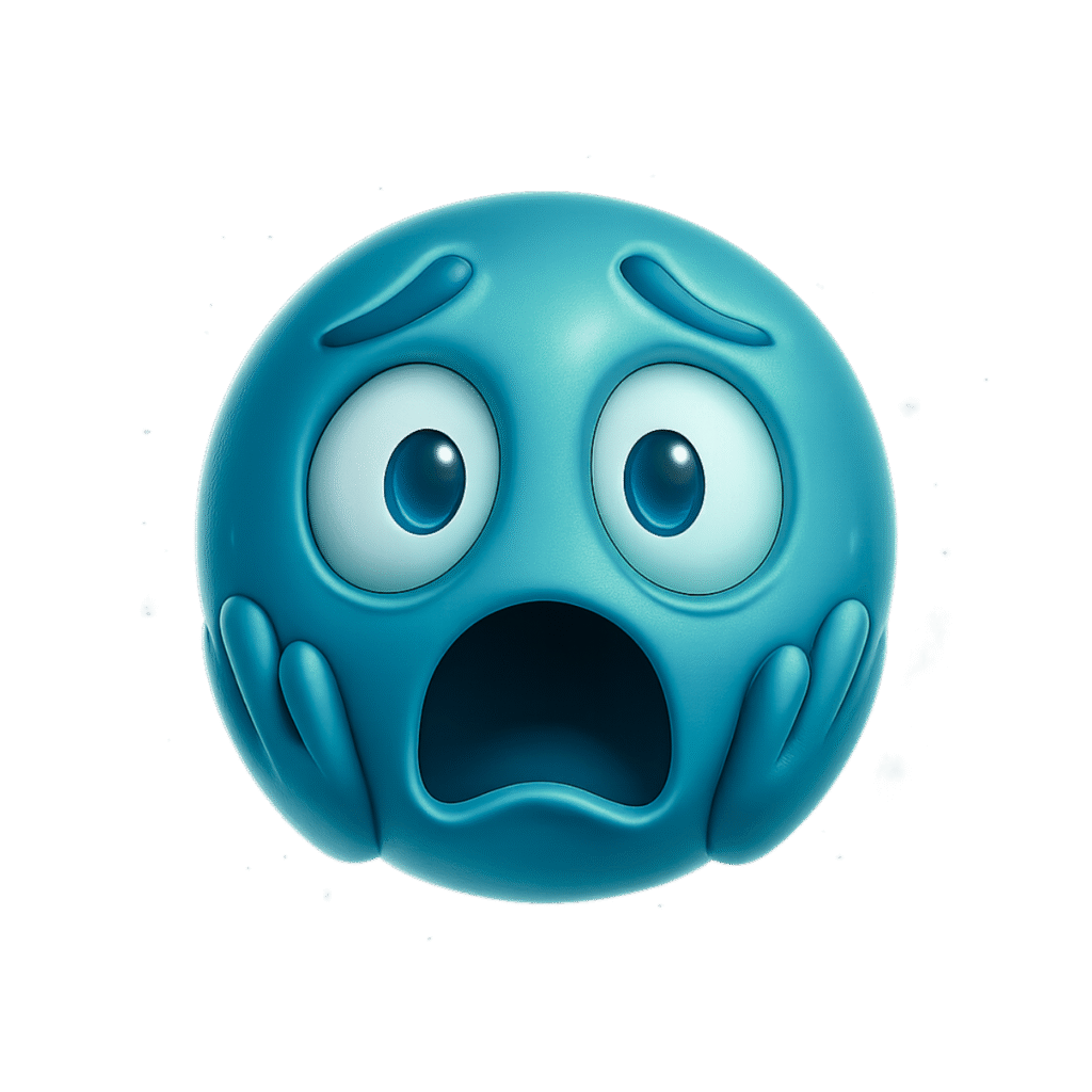 3D teal blue emoji with a terrified facial expression, wide open mouth and hands on cheeks, on transparent background