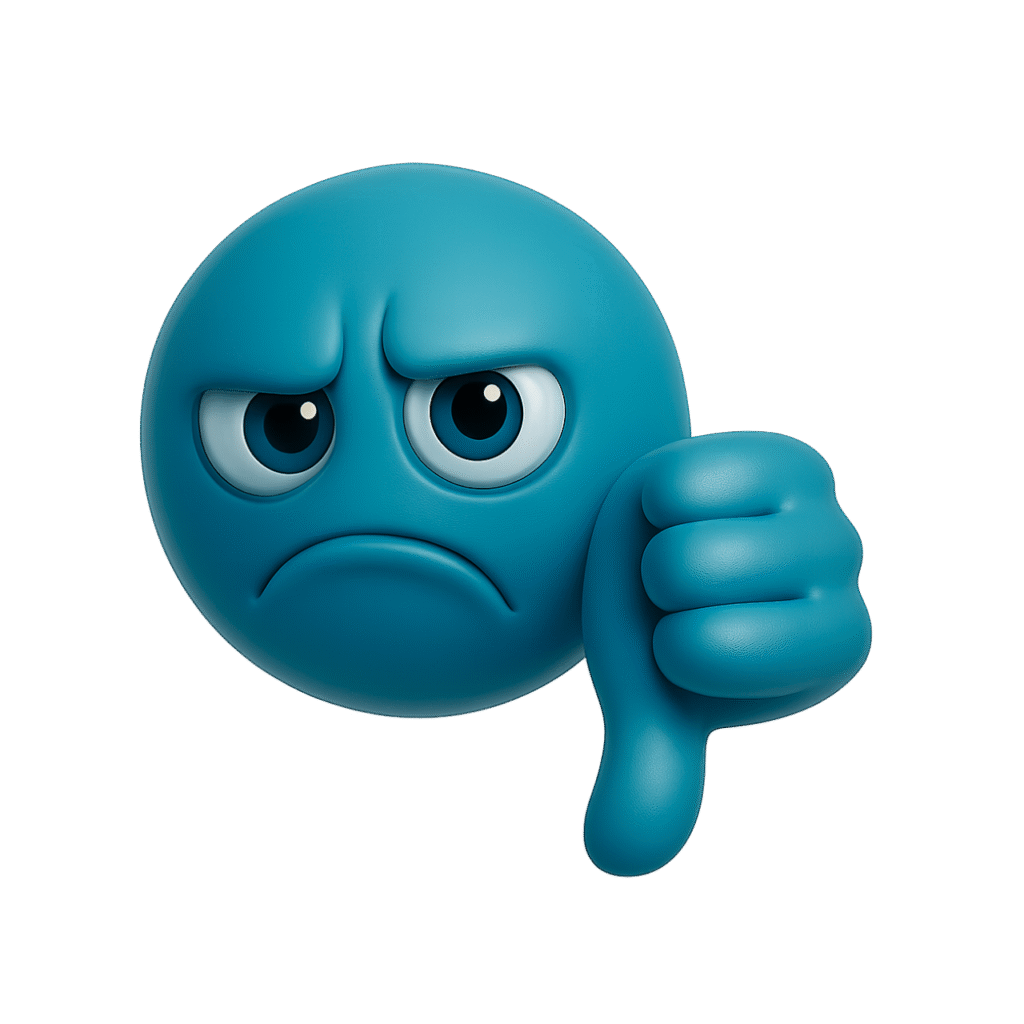 Teal blue 3D emoji with sad face and thumbs down gesture, showing disapproval or frustration